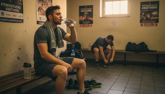 Nach dem Training gönnt sich der Sportler eine Pause auf der Bank und sammelt neue Kräfte.