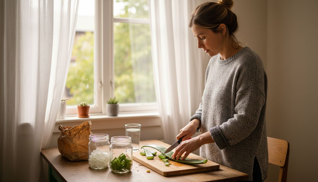 Eine Frau bereitet in ihrer Küche frische Aloe-Vera-Blätter vor.