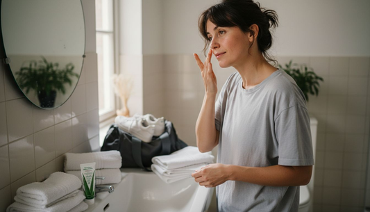 Nach dem Training pflegt eine Frau ihre Haut mit Aloe Vera.