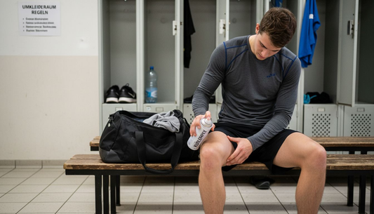 Nach dem Training sprüht sich der Sportler zur schnellen Regeneration mit einem kühlenden Spray ein.