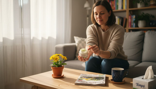 Eine Frau trägt Arnika-Salbe auf, um Hautreizungen zu lindern.