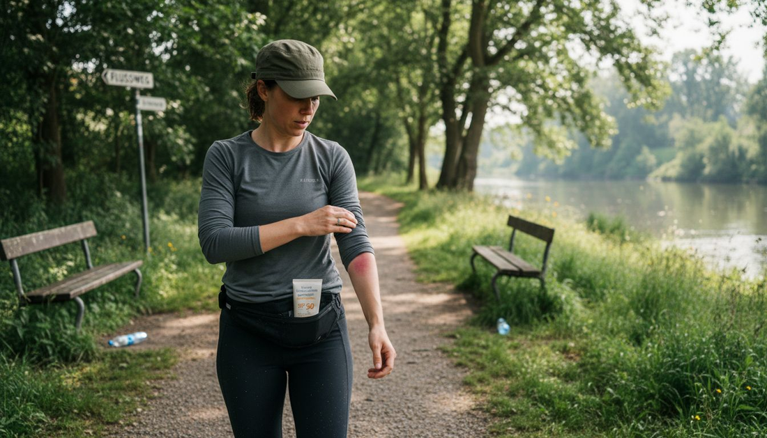 Eine Joggerin, die beim Laufen in der Sonne besonders auf ihre empfindliche Haut achtet.