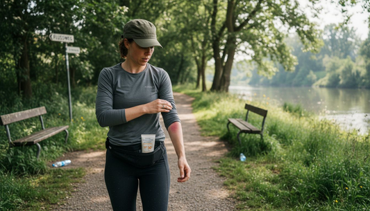 Eine Joggerin, die beim Laufen in der Sonne besonders auf ihre empfindliche Haut achtet.