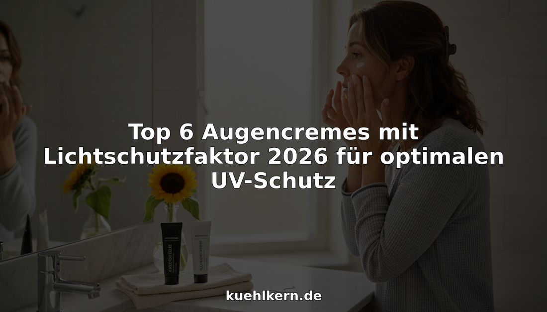 Eine Frau trägt im hellen Badezimmer sorgfältig Augencreme auf.