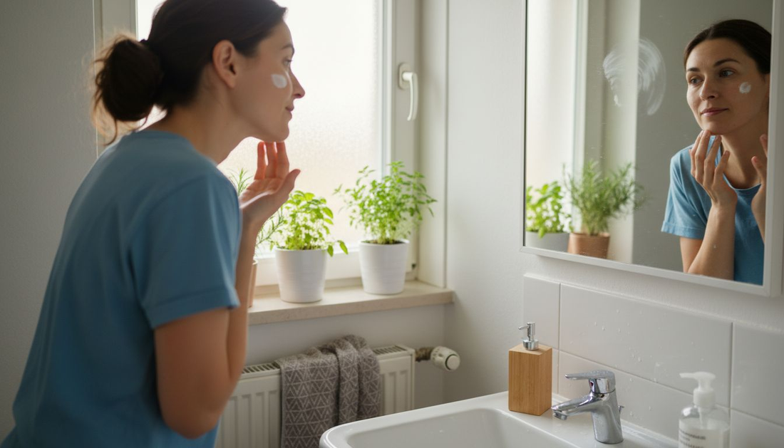 Am Morgen pflegt eine Frau ihre Haut mit einer passenden Pflege-Routine.