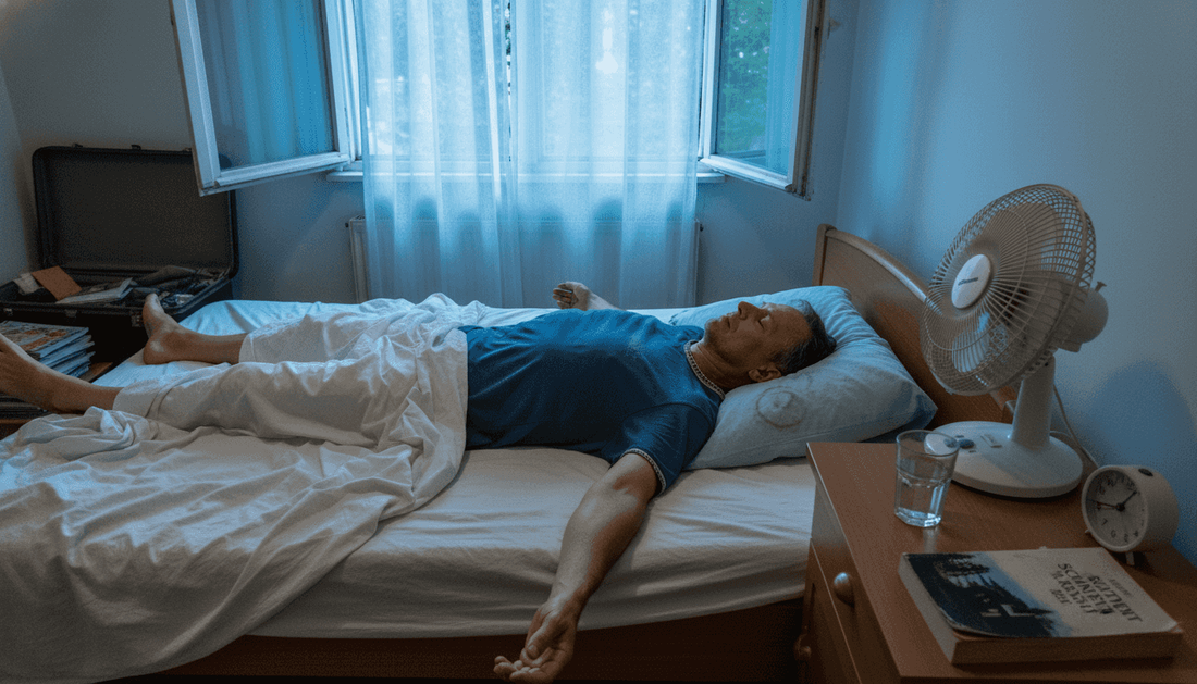 In einer heißen Sommernacht liegt man im Schlafzimmer und lässt den Ventilator laufen, um etwas Abkühlung zu bekommen.
