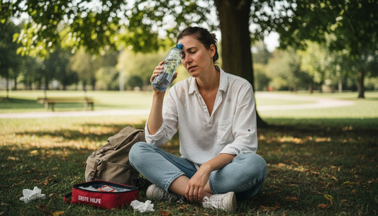 Eine Frau sitzt im Schatten eines Baumes im Park und kühlt sich die Stirn.
