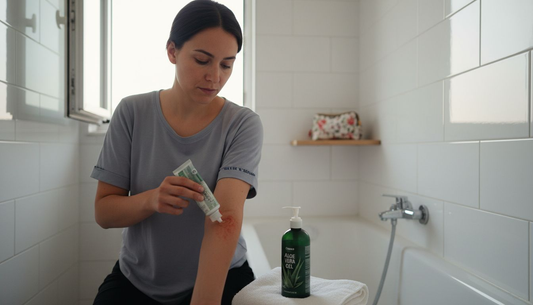 Eine Frau trägt Aloe Vera auf einen Hautausschlag am Arm auf.