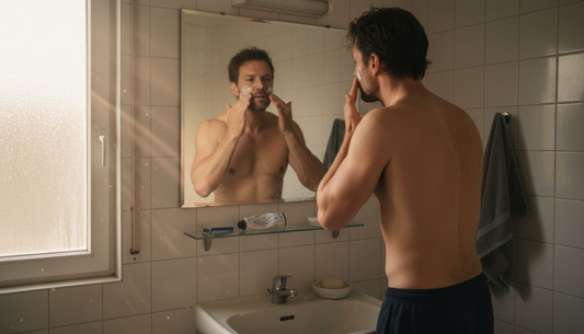 Ein Mann startet seinen Tag mit der Gesichtspflege im Badezimmer.