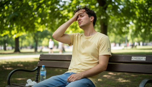 Ein junger Mann zeigt im Park deutliche Anzeichen eines Sonnenstichs.