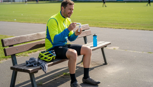 Ein Sportler pflegt draußen seine Lippen, um sie vor Wind und Wetter zu schützen.