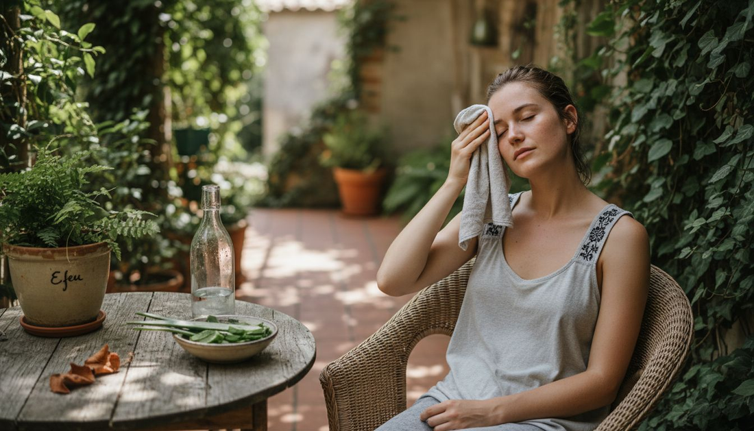 Eine Frau kühlt ihre Stirn, nachdem sie zu lange in der Sonne war.