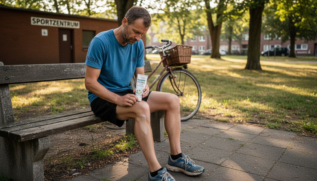 Ein Sportler trägt ein kühlendes Aloe-Vera-Gel auf.