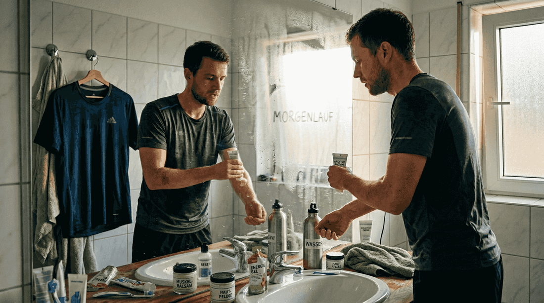 Nach dem Training pflegt der Sportler seine Haut mit einer natürlichen Creme, um sie zu beruhigen und zu regenerieren.