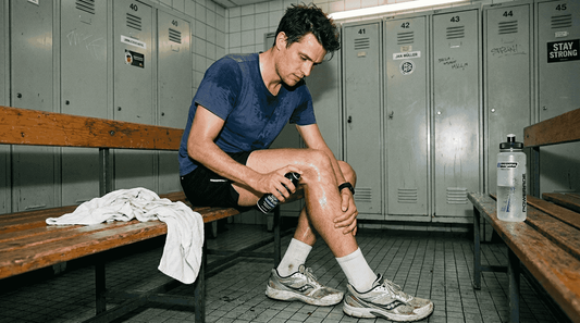 Ein Sportler trägt in der Umkleide ein Kühlspray auf.