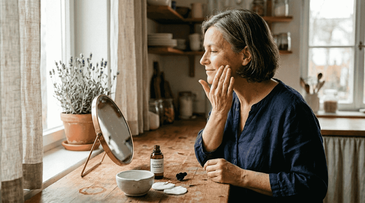 Eine ältere Dame pflegt ihre Gesichtshaut mit wohltuenden Ölen.