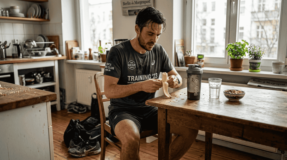 Ein Sportler gönnt sich nach dem Training eine stärkende Mahlzeit in seiner Stadtwohnung, um wieder zu Kräften zu kommen.