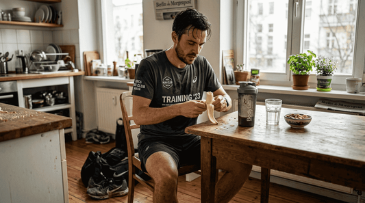 Ein Sportler gönnt sich nach dem Training eine stärkende Mahlzeit in seiner Stadtwohnung, um wieder zu Kräften zu kommen.
