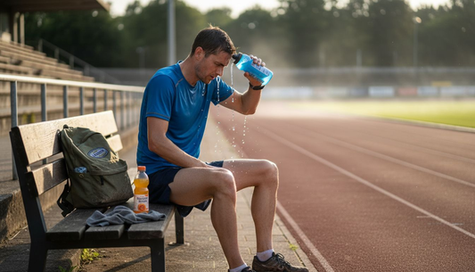 Nach dem Training erfrischt sich der Sportler mit etwas Wasser.