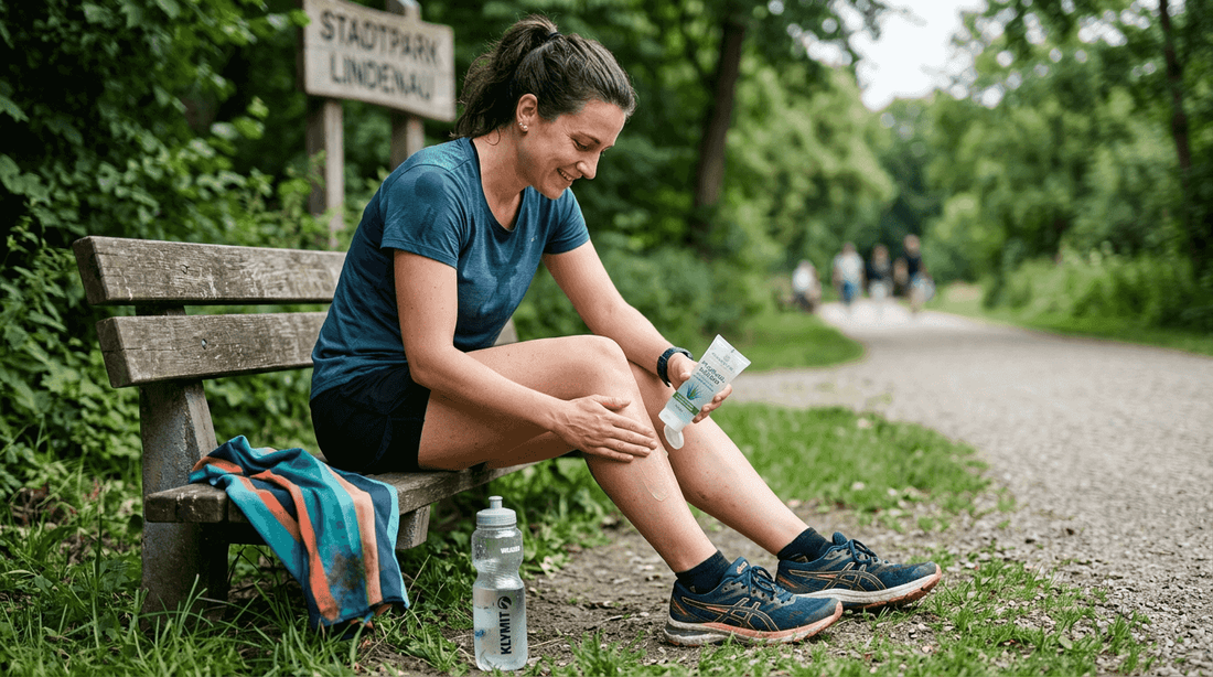 Nach dem Training trägt die Sportlerin ein Kühlgel auf, um ihre Muskeln zu entspannen.