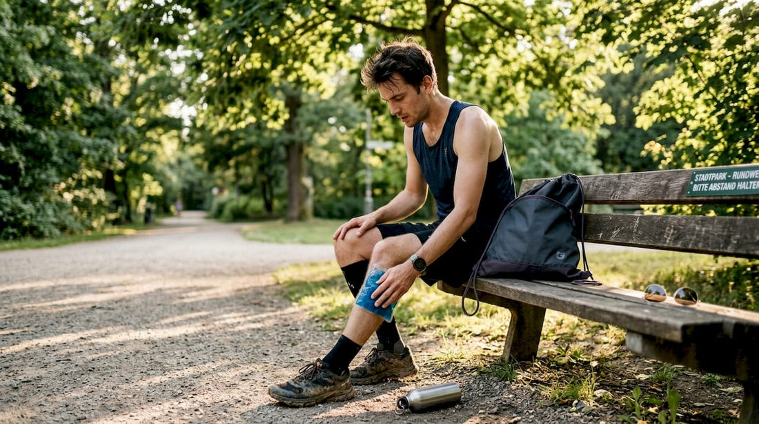 Nach dem Training kühlt sich der Sportler mit einem Kühlpack, um die Muskeln zu entspannen.