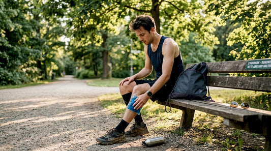 Nach dem Training kühlt sich der Sportler mit einem Kühlpack, um die Muskeln zu entspannen.