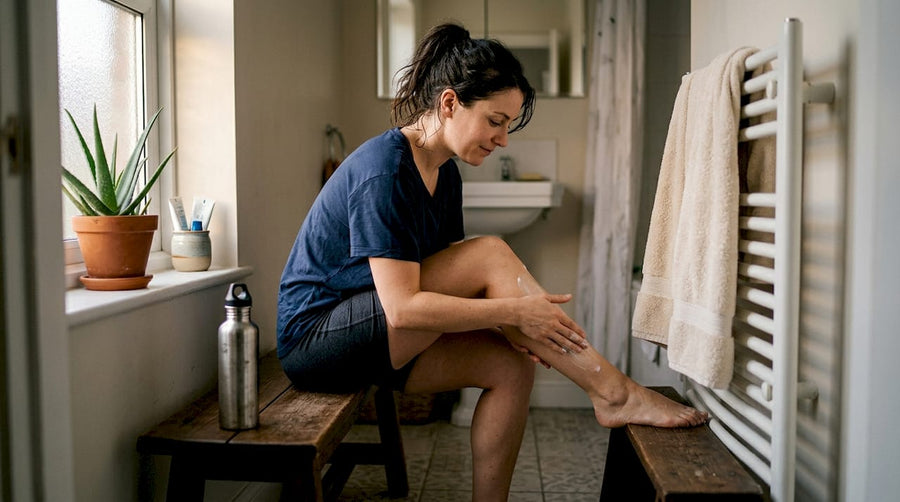 Nach dem Training pflegt eine Frau ihre Haut mit einer Creme.