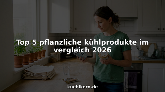 Eine Frau steht in ihrer Küche und vergleicht verschiedene pflanzliche Kühlprodukte miteinander.
