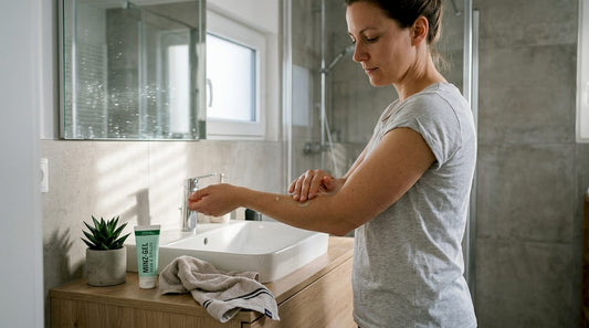 Im Badezimmer trägt eine Frau ein erfrischendes Minzgel auf ihren Unterarm auf.