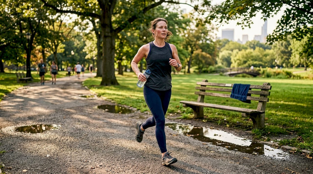 Sportliche Frau joggt im Park und überzeugt mit strahlend gesunder Haut.