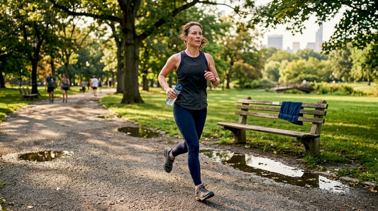 Sportliche Frau joggt im Park und überzeugt mit strahlend gesunder Haut.
