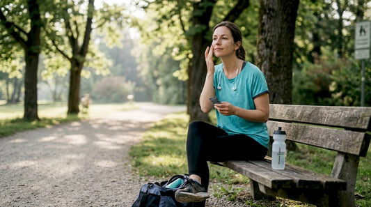 Nach dem Sport gönnt sich eine Frau auf einer Parkbank eine kleine Hautpflegepause.