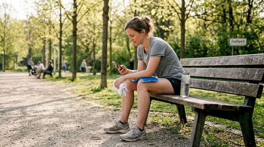 Nach dem Sport gönnt sich eine Frau auf einer Parkbank eine kleine Pause und lässt ihre Haut abkühlen.