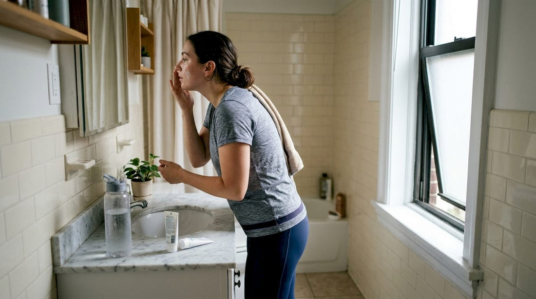 Nach dem Training gönnt sich die Frau eine entspannende Gesichtspflege.