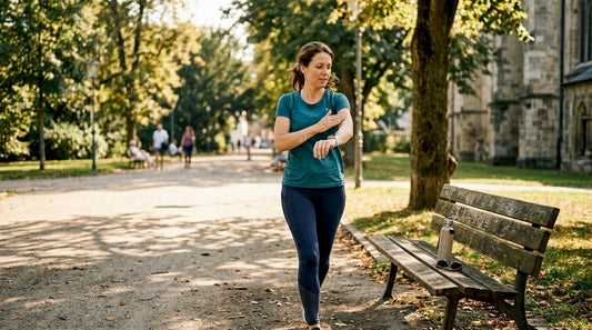 Eine Frau joggt durch den Park und schützt ihre Haut mit Sonnencreme.