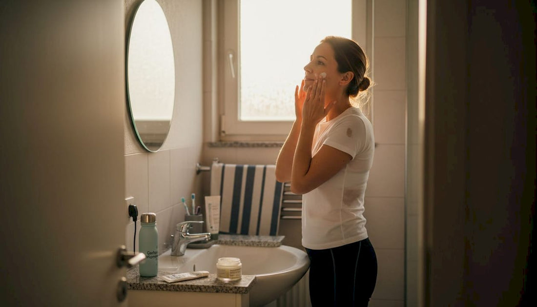 Nach dem Sport gönnt sich eine Frau im Bad ihre Pflegeroutine.