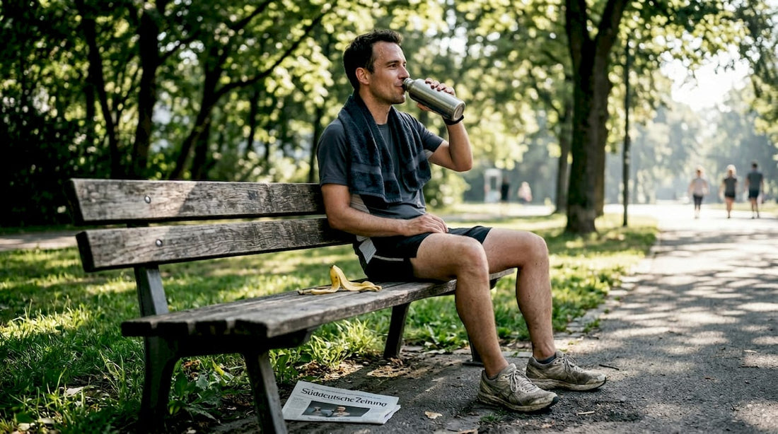 An einem warmen Sommertag gönnt sich ein Jogger auf einer Parkbank eine Trinkpause.