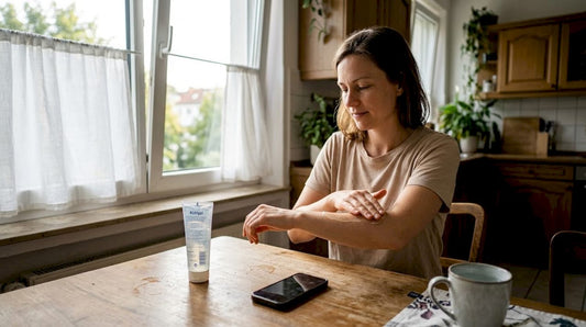 Am Küchentisch trägt eine Frau sorgfältig Kühlgel auf ihren Unterarm auf.