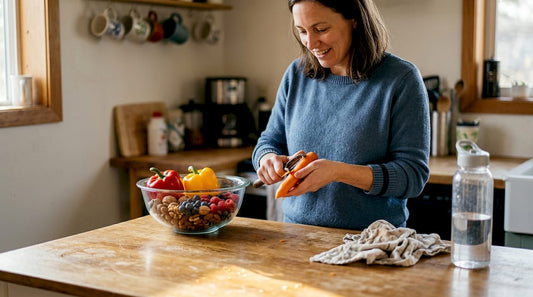 Eine Frau schnippelt frisches Gemüse für das Mittagessen in ihrer ganz normalen Alltagsküche.