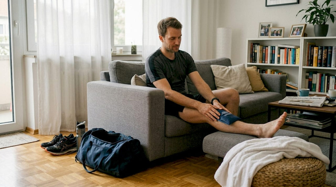 Nach dem Training legt der Sportler einen Kühlpack auf, um die Muskeln zu entspannen und die Regeneration zu fördern.