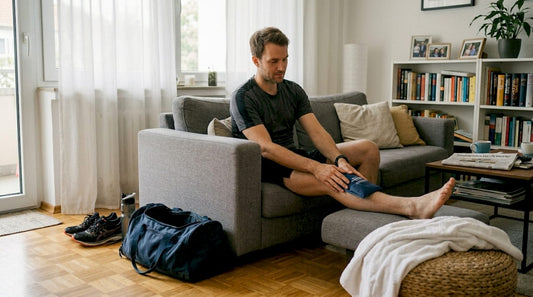 Nach dem Training legt der Sportler einen Kühlpack auf, um die Muskeln zu entspannen und die Regeneration zu fördern.