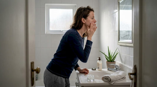 Eine Frau verwöhnt ihre Haut mit einer Pflegeroutine im Badezimmer.