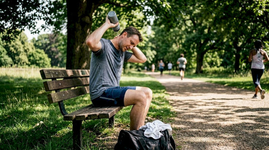 Nach dem Joggen gönnt sich ein Läufer eine Pause auf einer schattigen Parkbank, um durchzuatmen und neue Energie zu tanken.