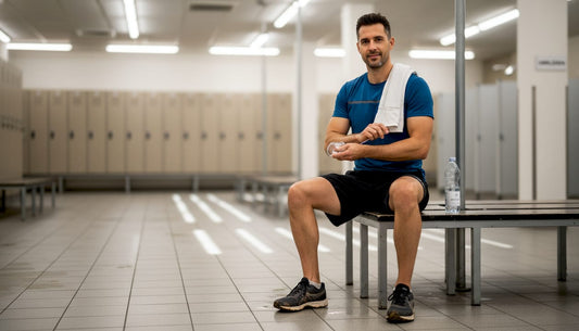 Nach dem Training trägt der Sportler ein kühlendes Menthol-Gel auf, um die beanspruchten Muskeln zu entspannen.