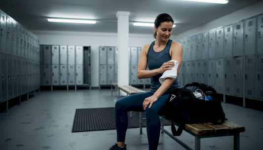 Nach dem Training nimmt sich die Sportlerin in der Umkleide Zeit für ihre Hautpflege.