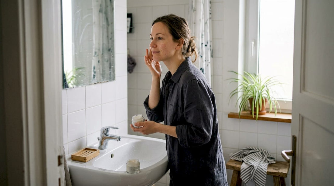 Eine Frau pflegt ihre Haut mit einer natürlichen Creme im heimischen Badezimmer.