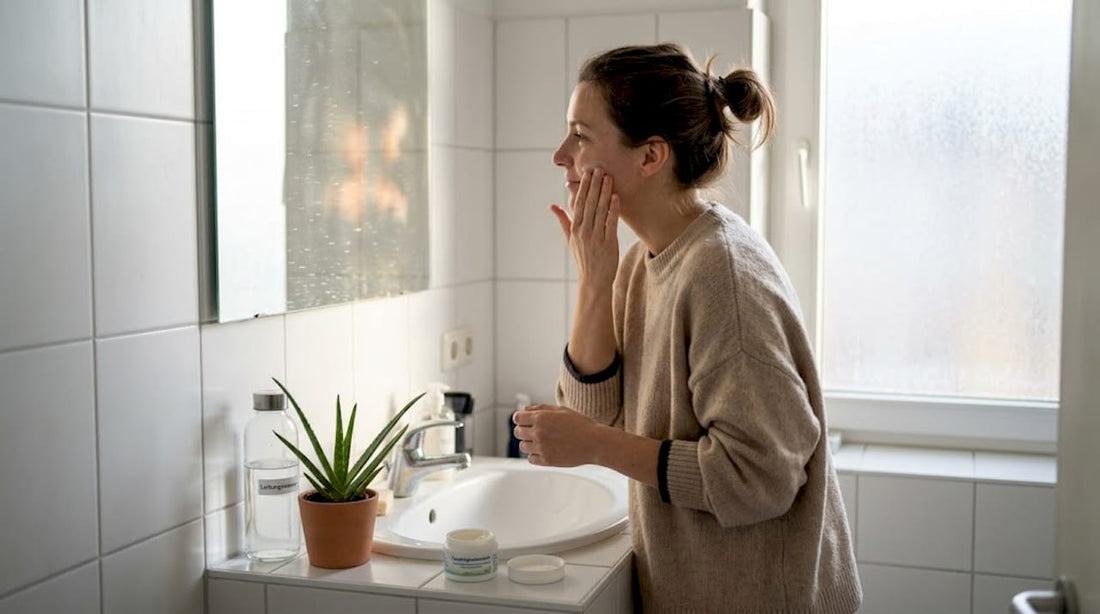 Eine Frau pflegt ihre Haut sanft im heimischen Badezimmer.