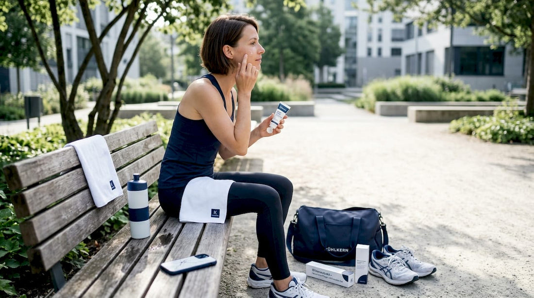 Nach ihrem Workout im Park verwöhnt sich die Frau mit einem erfrischenden Blütenextrakt.