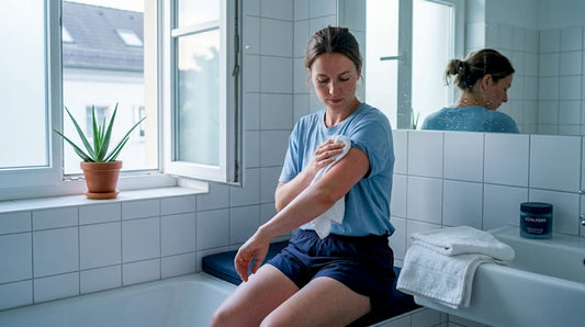 Nach einem sonnigen Tag gönnt sich die Frau im Bad eine wohltuende Abkühlung für ihre strapazierte Haut.