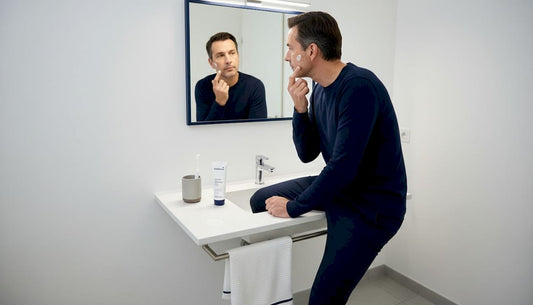 Ein Mann widmet sich in seinem Badezimmer der Pflege seiner empfindlichen Haut.